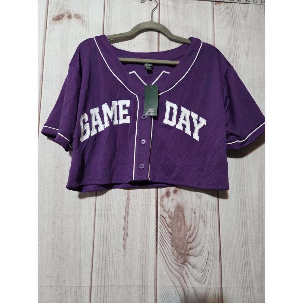 Wild Fable Purple Game Day Baseball Jersey Crop Top XXS NWT 00 Graphic Button Up